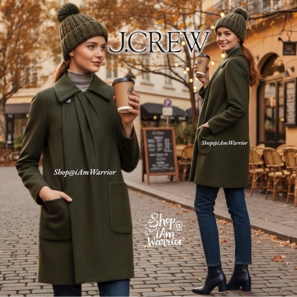 J.Crew dark avocado green wool/cashmere pleated cocoon coat shop@iamwarrior - Picture 1 of 10